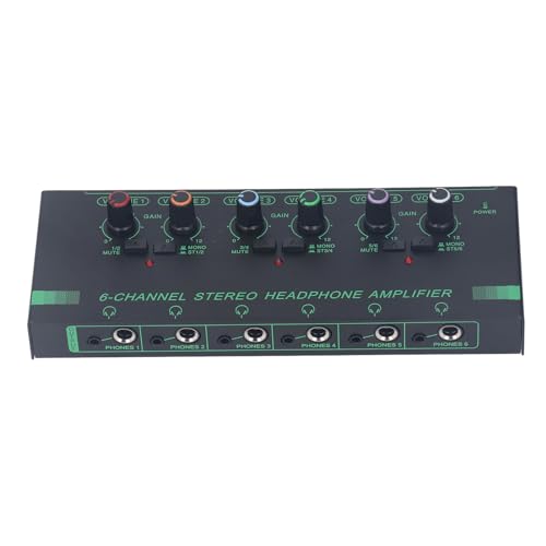 Headphone Amp Amplifier, 6 Channel Metal Stereo Audio Amplifier, 12 Output Ports, 3.5mm and 6.35mm Headphone Jack, for Live Performance, Recording Studio