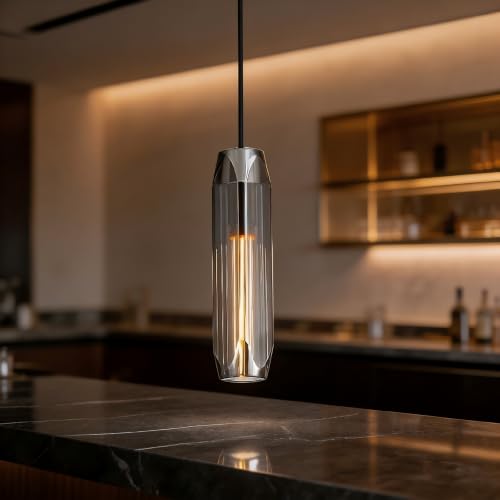 Image of 11.8 inch Modern Pendant Light Fixture with Smoke Gray Crystal Lampshade, Adjustable Hanging Ceiling Pendant Lighting for Kitchen Island Dining Room Bar Counter