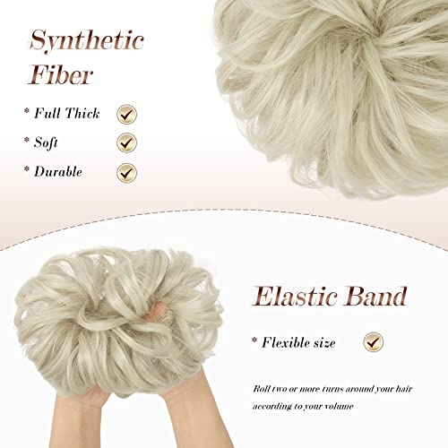 FESHFEN Messy Bun Hair Piece - Elastic Wavy Curly Hair Bun Scrunchies Extensions Synthetic Chignon Hairpieces for Women Girls, Ash Platinum Blonde 1.5 oz - Thumbnail 4