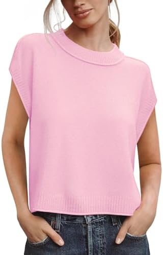 Saodimallsu Womens Cap Short Sleeve Sweater Vest Summer Casual Crew Neck Loose Knit Lightweight Pullover Tank Tops