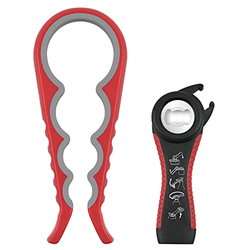 Elyum Jar Opener, 5 In 1 Bottle Opener Multi-Function Can Opener With Silicone Handle, Jar Opener For Weak Hands, Seniors With Arthritis, Lid Opener For Children (Red, 2-Piece Set) #TOP15