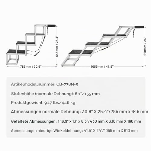 VEVOR Hundetreppe bis zu 68 kg belastbar, 4-stufige Hunderampe, zusammenklappbare Haustiertreppe mit Rutschfester Oberfläche, Einstiegshilfe Hund Auto, Treppen & Stufen für Auto, SUV und LKW