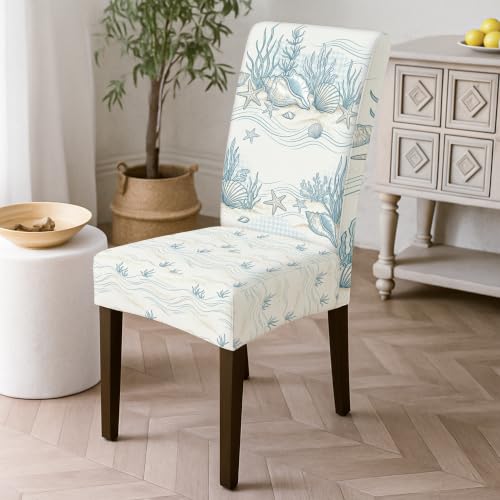 Fundas de silla lavables y transpirables con diseño de concha náutica de elastano azul 6 uds 3