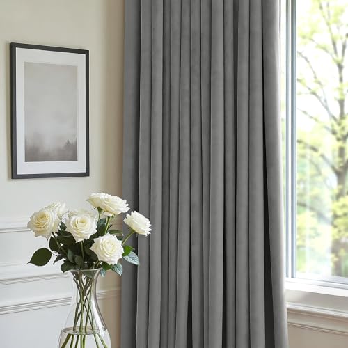 Image of Gray Velvet Curtains 96 Inches Long Grey Thermal Insulated Thick Plush Velvet Blackout Curtains Noise Reduce Back Tab Rod Pocket Luxury Panels for Bedroom Living Room Dining 2 Panels 52x96 Inch Length