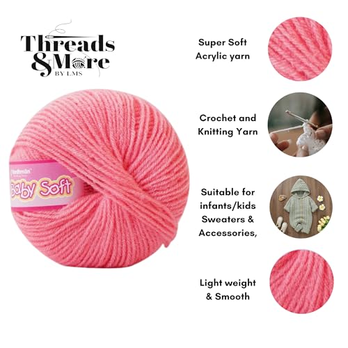 Image of Vardhman Baby Soft Yarn Pack of 6 - 4-Ply Acrylic Wool 150g Total | Soft Yarn for Knitting & Crocheting Baby Blankets, Sweaters, Toys & Accessories | 86m per 25g Ball (1, Pink)