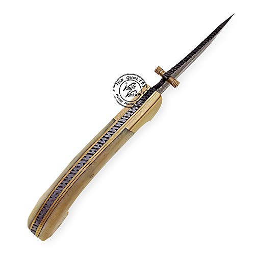 Beautiful Camel Bone 7.25" Damascus Steel Folding Pocket Knife With Brass Bolster, 100% Prime Quality #TOP3