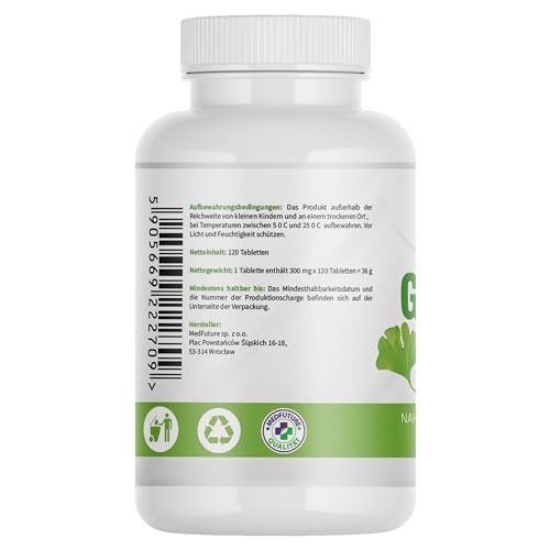 Extrakt Ginkgo Biloba 120 mg – Hochdosierter Ginkgo-Extrakt – 120 Tabletten – Ohne Zusatzstoffe – Laborgeprüft – Hergestellt in EU