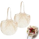 Sztqqing 2 Stück Einkaufstasche Netztasche Sandspielzeug, Wiederverwendbare Netzbeutel aus Bio-Baumwolle mit Langem Griff für Strand, Obst und Gemüse(Beige)