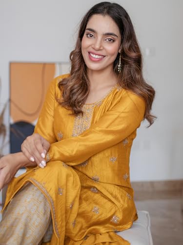 Image of Libas Embroidered Silk Straight Kurta for Women