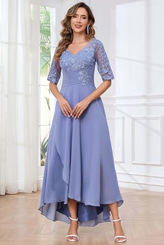 Women's Tea Length Mother of Bride Dresses for Wedding with Sleeves Lace Appliques Pleated Formal Evening Gowns3