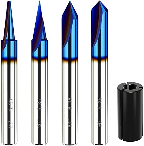 Engraving CNC Wood Carving Router Bit Set 1/4 Inch Shank 15°, 20°, 60°, 90° Engraving Bits with Nano Blue Coated, 2 Flutes Straight CNC V-bit Tungsten Steel Marking Conical Engraving Router Tool