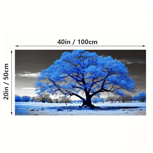 Arbre bleu en noir et blanc toile grand format paysage d'automne 65x130 - 4