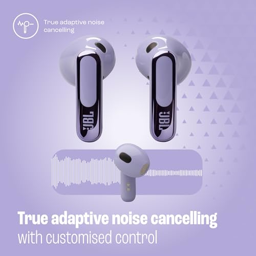 Image of JBL Live Flex 3 Wireless Earbud Headphones with Bluetooth, 50 Hours Battery Life, True Adaptive Noise Cancelling and High Resolution JBL Signature Sound, IP54 Waterproof, with Earplugs, Purple