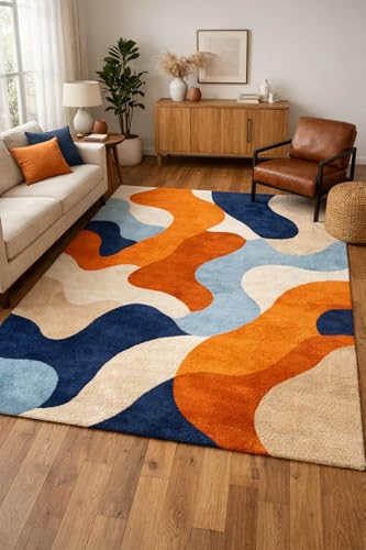 SAFIA CARPET AND RUGS Modern Abstract Area Rug, Orange Navy