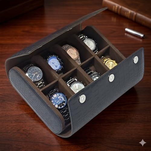 Image of essart 8-Slot Travel Watch Organizer - Elegant PU Leather Watch Roll for Collectors, Scratch-Proof & Portable Storage Watch roll case for men & women
