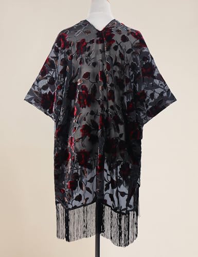 Image of MJ SERECA Women's Burnout Velvet Kimono Cardigan Cover Up with Tassel