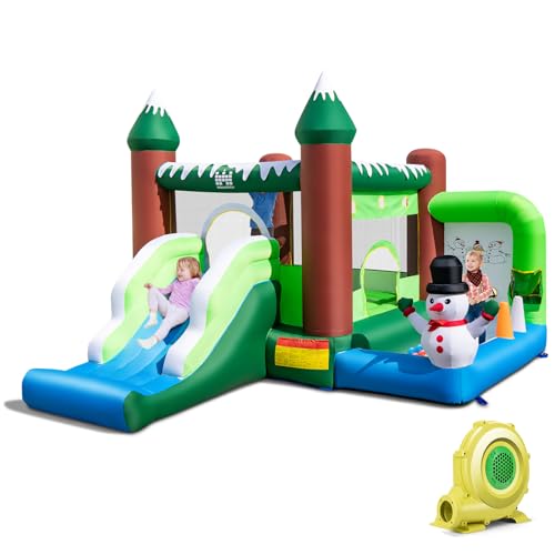 RELAX4LIFE Castello Gonfiabile con Ventilatore, Scivolo, a Tema Invernale 6-in-1 con Babbo Natale, Trampolino, Piscina di Palline, Canestro da Basket, Area Salto con Rete