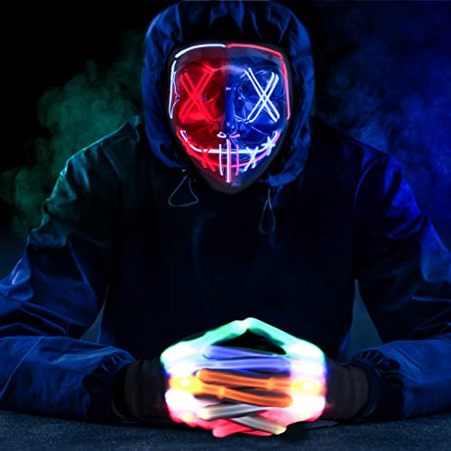 Max Fun Halloween LED Mask Glowing Gloves for Halloween Costume Cosplay Led Light Up Scary Masks with 3 Lighting Modes Lighted Face Mask for Halloween Masquerade Party Dress Up Accessories(Red & Blue) - image 3