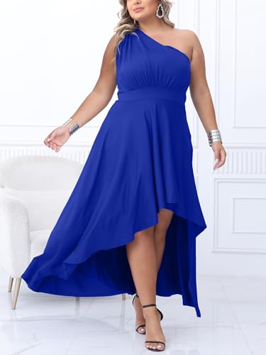 Image of Ekaliy Women's One Shoulder Maxi Formal Dress Elegant Ruffle Hem Asymmetrical Flowy Party Long Dresses Blue M