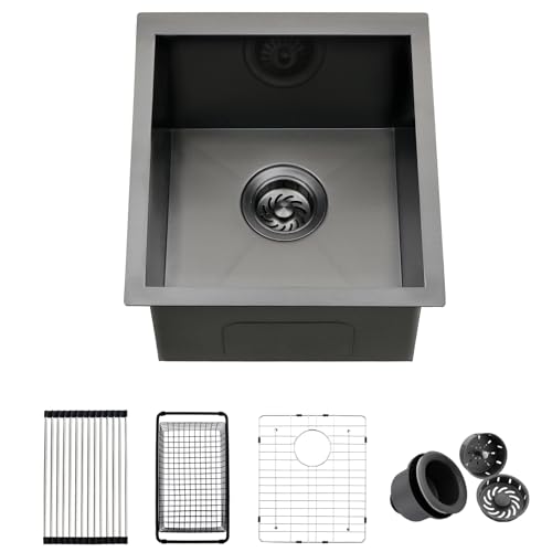 15 Black Kitchen Bar Sink Undermount, ZDHHT 15 x 16 x 9 Inches Black Stainless Steel Small Kitchen Sink Bar Prep Under Mount Sink Outdoor RV Laundry