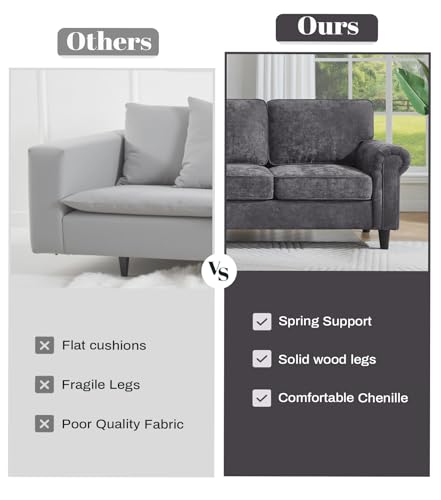 Image of Kingfun 3 Seater Couch, Mid Century Modern Sofa with Rolled Arms and Deep Seats, Fluffy Comfort for Living Room, Apartment, Easy Assembly, Gray