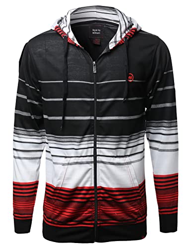 Basic Stripe Zip up Hoodie with Kangaroo Pocket Black White Red XL