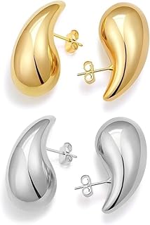 2 Pair Bottega Teardrop gold hoop Earrings for Women,Gold/Silver Chunky Hoop Earring Lightweight Teardrop Design | Hypoallergenic Earring Set,Big Drop & Dangle Trendy Hoop Earrings, 3.2*1.8cm