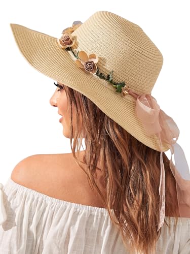 Verdusa Womens Scalloped Wide Brim Straw Sun Hats Boho Beaded Beach Hat Khaki One-Size