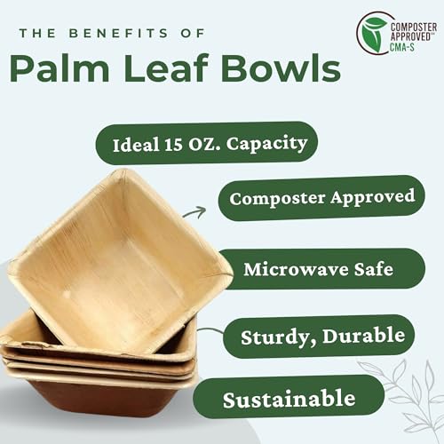 5-inch Square Palm Leaf Bowls Set (50) | 15 Oz Bamboo Disposable Bowls | Leak Proof Compostable Serving Bowls for Fruit, Cereal, Soup | Eco Friendly Alternative to Plastic Bowls