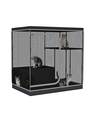 DINMO Large Cat Cage, Cat Enclosure Indoor with Litter Box, Cat Playpen for Adult Cats, Kittens & Small Animals, Multi-Level Kennel, Pet Playpen with Waterproof Floor, Black