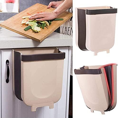 Hanging Trash Can Folding Kitchen Bin, 2.4 Gallon Portable Plastic Rubbish Bin Wall Mounted Foldable Waste Garbage Box for Cabinet Cupboard Door Bathroom Car Camping