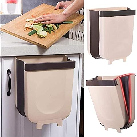 Hanging Trash Can Folding Kitchen Bin, 2.4 Gallon Portable Plastic Rubbish Bin Wall Mounted Foldable Waste Garbage Box for Cabinet Cupboard Door Bathroom Car Camping Cover