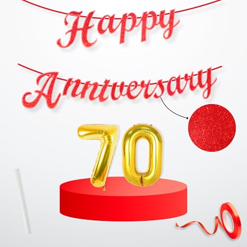 Image of Flyloons 70th Happy Anniversary Banner Red Decorations Kit for Men Women Wedding Anniversary Banner Items without Balloons