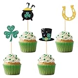 24pcs St Patrick Cupcake Toppers, Green Glitter Shamrock Cupcake Toppers Green Theme Party Decor Supplies for Baby Shower Birthday St Patrick Party Supplies