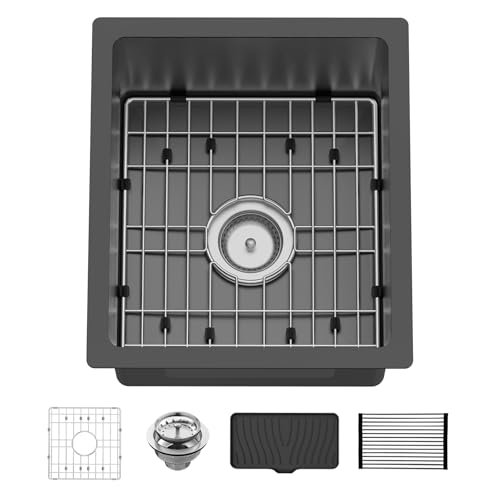 Black 15x17In Undermount Kitchen And Bar Sink- Stainless Steel Single Bowl Modern Drop In Kitchen&Bar Sink With SS Grid,Silicon Mat,Colander,Drain Strainer Compatibility With Various Kitchen&Bar Style by Koardink - Used condition - US$67.57
