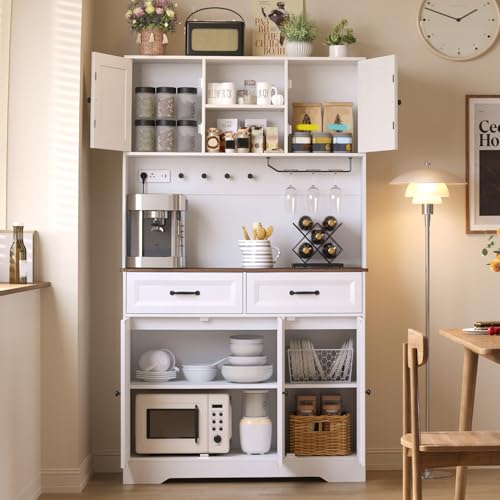 Image of Gizoon White Buffet Cabinet with Charging Station, Tall Kitchen Pantry Storage Cabinet with Drawers & Adjustable Shelves, Freestanding Sideboard Cupboard for Dining Room, Living Room, Tabletop-Retro