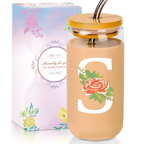 Image of SENTVEND Initial Glass Cup with Lid and Straw Color-changing Monogrammed Gifts for Women 16 oz Iced Coffee Drinking Glass Tumbler Personalized Christmas Thanksgiving Birthday Gifts for Women Her Mom