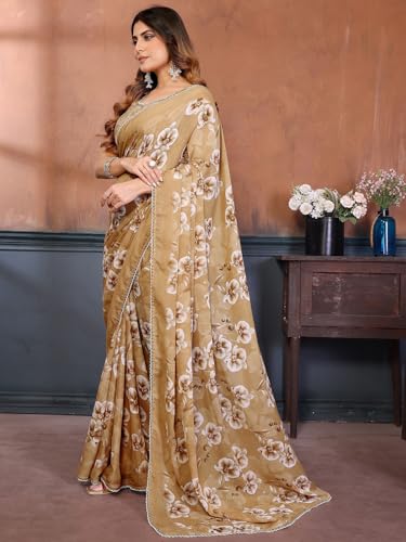 Image of Satrani Women's Georgette Floral Printed Saree with Unstitched Blouse Piece