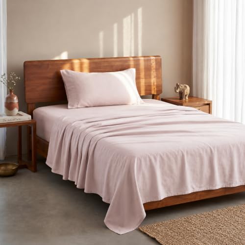 Image of LANE LINEN 100% Organic Cotton Bedsheet for Single Bed - Sepia Rose | GOTS Certified, Percale Weave, 60x90 inches, Soft & Breathable, Machine Washable, Includes 1 Pillow Cover