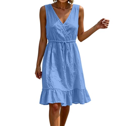 Image of Midi Sundress for Women UK V Neck Sleeveless Cotton Linen Dress Summer Casual Loose Fit Midi Dresses Ladies Comfy Lounge Tank Vest Dress Beach Holiday Elegant Sundress Blue