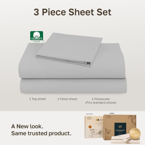 Image of Soft Natural 100% Cotton Sateen Twin Size Sheets, 3 Pc Set, Light Grey