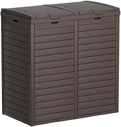 Greesum 78 Gallon Resin Outdoor Trash Can, Double Box Waste Bin with Tiered Lid, Drip Tray and Armrest for Patio, Backyard, Deck, 230 Liters, Dark Coffee