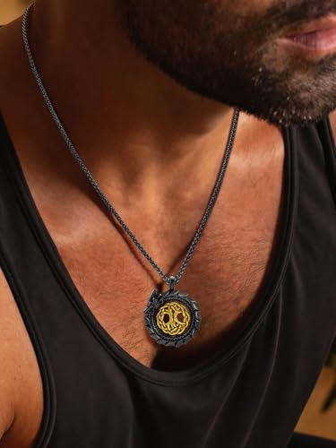 Dragon Necklace 18K Gold Plated/Black Metal/Stainless Steel Norse Tree of life Talisman Viking Dragon Pendant Necklace Lucky Amulet, Retro Yggdrasil Viking Jewelry Gift for Men and Women with Gift Box2