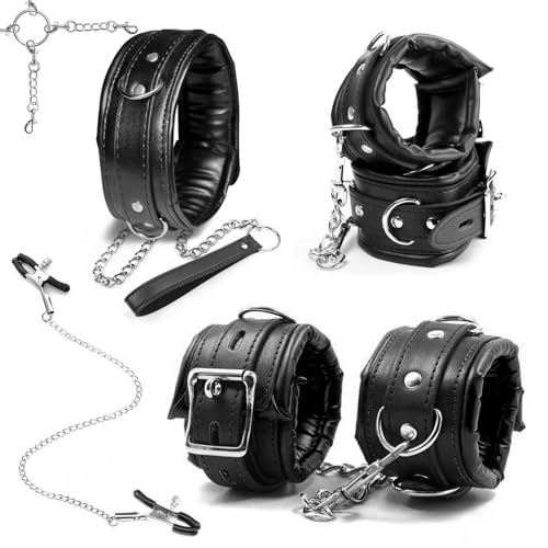 Buffered Leather Sex Bondage Handcuffs Ankle Cuffs Collar Set