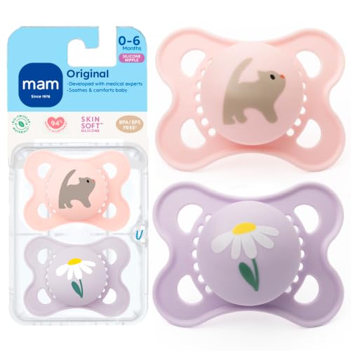 Image of MAM Original Baby Pacifier 0-6 Mths, Skin Soft Silicone Nipple, 2 Pack | For Newborn Babies, BPA-Free Skin Soft Silicone Nipple, Developed With Medical Experts, With Sterilizer Case, Made In Europe