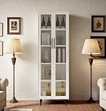 TUSY 70.9“ H Bookshelf with Glass Doors, 5-Tier Display Curio Cabinet with Drawers, Narrow Display Bookcase for Home, Office, Clinic, Pantry (White, C)