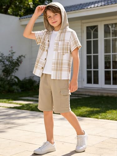 Image of Boys Clothes Shorts Sets Plaid Short Sleeve Hooded Button Shirt and Jogger Shorts for Kids Summer Outfits