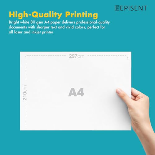 EPISENT A4 White Paper Sheets - 80gsm Bright White, Stronger, Sharper & Acid Free - Office Printer, Copier and Multifunction Laser Inkjet Compatible - 500 Sheets per Ream (A4 1 Ream X 5)