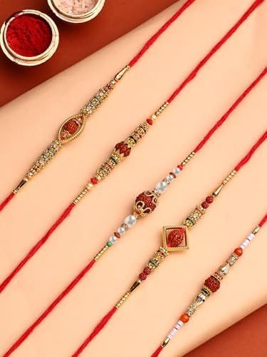 Image of Sukkhi Rakhi Classic Gold Plated with AD Stones & Pearls Rudraksha Rakshabandhan Combo Rakhi for Brother with Roli Chawal & Greeting Card|Set of 5|CBRAK107451