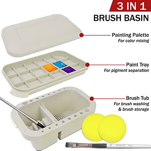 Dugato Paint Brush Cleaner Washer, Multifunction Painting Brush Basin Holder And Organizer Width Tray Palette Lid & 2 Art Sponges For Acrylic, Watercolor, Oil, Gouache Painting #TOP1